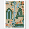 Abstract painting with arched forms, concentric circles, and dotted detailing in blues, oranges, and forest green on a taupe background. From the Maria Watson-Trudgett collection with Urban Road.