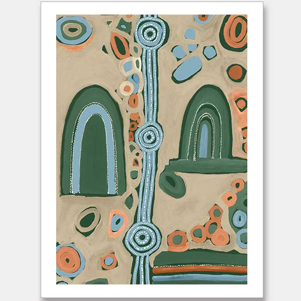 Abstract painting with arched forms, concentric circles, and dotted detailing in blues, oranges, and forest green on a taupe background. From the Maria Watson-Trudgett collection with Urban Road.