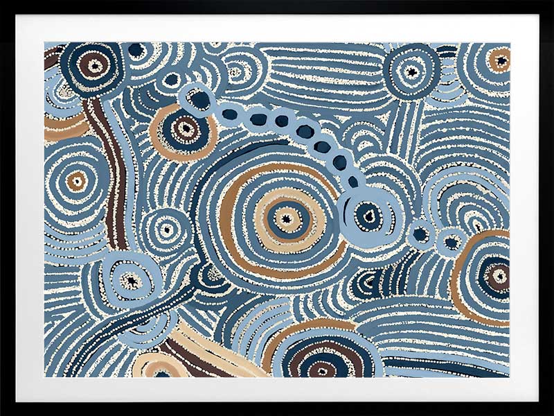 Concentric circle motifs and flowing white dot patterns in navy blue, sky blue, and ochre against a textured pale blue background. From the Maria Watson-Trudgett collection with Urban Road.