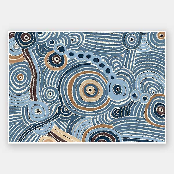 Concentric circle motifs and flowing white dot patterns in navy blue, sky blue, and ochre against a textured pale blue background. From the Maria Watson-Trudgett collection with Urban Road.