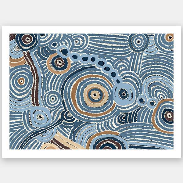 Concentric circle motifs and flowing white dot patterns in navy blue, sky blue, and ochre against a textured pale blue background. From the Maria Watson-Trudgett collection with Urban Road.