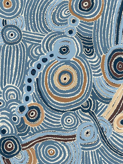 Concentric circle motifs and flowing white dot patterns in navy blue, sky blue, and ochre against a textured pale blue background. From the Maria Watson-Trudgett collection with Urban Road.