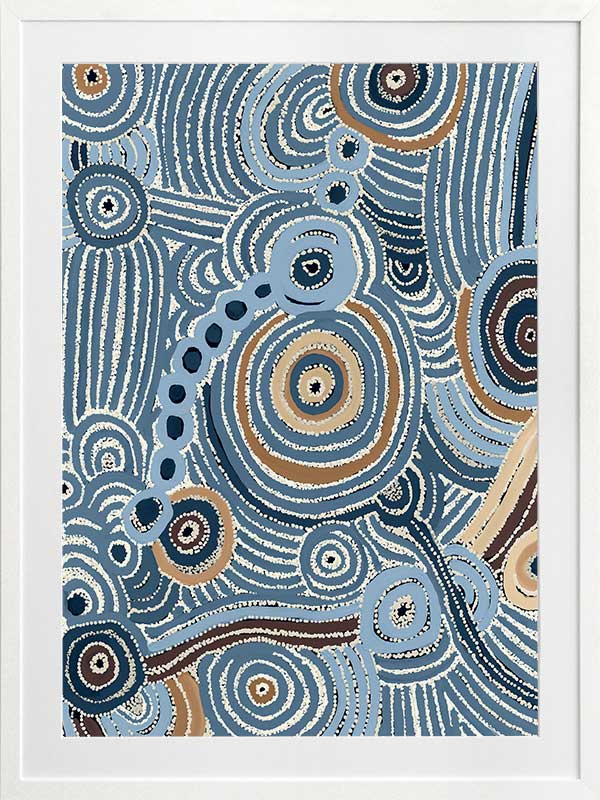 Concentric circle motifs and flowing white dot patterns in navy blue, sky blue, and ochre against a textured pale blue background. From the Maria Watson-Trudgett collection with Urban Road.