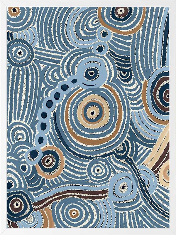 Concentric circle motifs and flowing white dot patterns in navy blue, sky blue, and ochre against a textured pale blue background. From the Maria Watson-Trudgett collection with Urban Road.