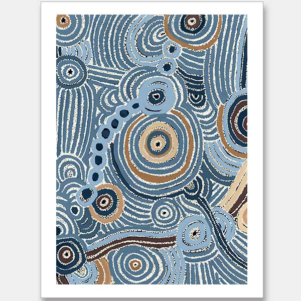 Concentric circle motifs and flowing white dot patterns in navy blue, sky blue, and ochre against a textured pale blue background. From the Maria Watson-Trudgett collection with Urban Road.