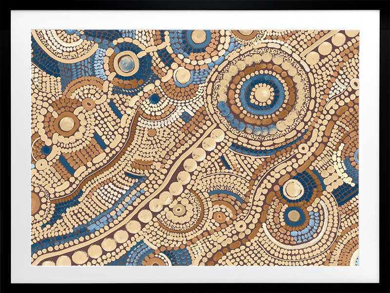 Intricate dot painting with earthy brown, terracotta, and blue tones arranged in swirling lines and circular patterns. From the Maria Watson-Trudgett collection with Urban Road.