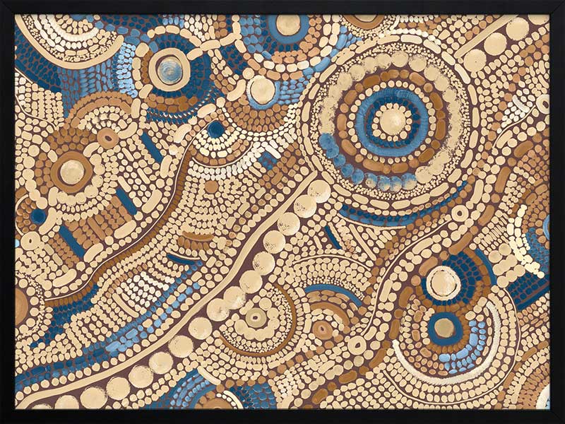 Intricate dot painting with earthy brown, terracotta, and blue tones arranged in swirling lines and circular patterns. From the Maria Watson-Trudgett collection with Urban Road.