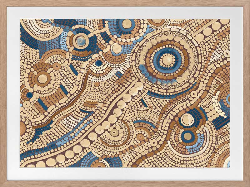 Intricate dot painting with earthy brown, terracotta, and blue tones arranged in swirling lines and circular patterns. From the Maria Watson-Trudgett collection with Urban Road.