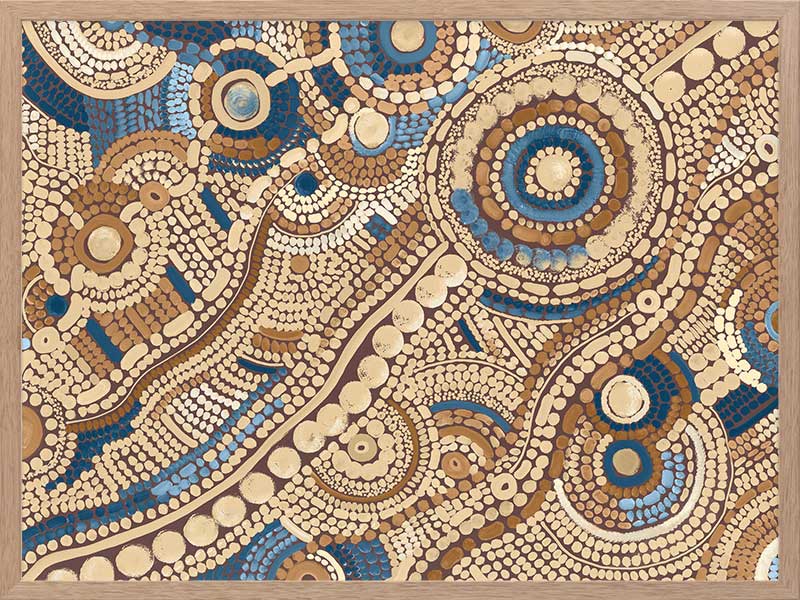 Intricate dot painting with earthy brown, terracotta, and blue tones arranged in swirling lines and circular patterns. From the Maria Watson-Trudgett collection with Urban Road.