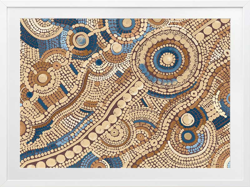 Intricate dot painting with earthy brown, terracotta, and blue tones arranged in swirling lines and circular patterns. From the Maria Watson-Trudgett collection with Urban Road.