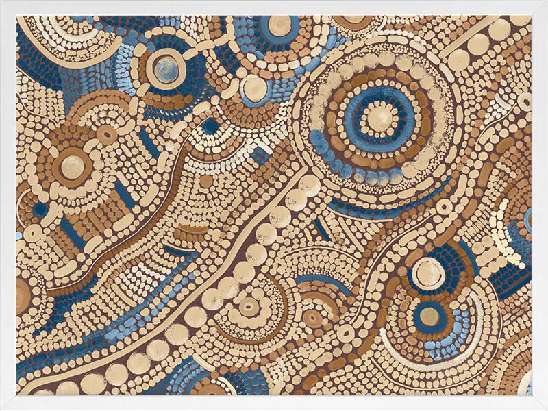 Intricate dot painting with earthy brown, terracotta, and blue tones arranged in swirling lines and circular patterns. From the Maria Watson-Trudgett collection with Urban Road.