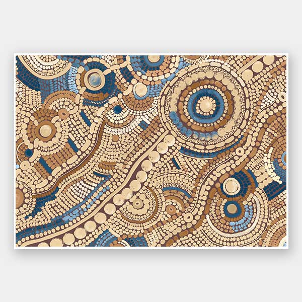 Intricate dot painting with earthy brown, terracotta, and blue tones arranged in swirling lines and circular patterns. From the Maria Watson-Trudgett collection with Urban Road.