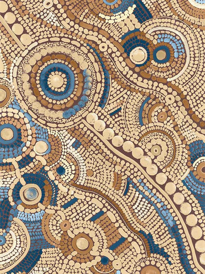 Intricate dot painting with earthy brown, terracotta, and blue tones arranged in swirling lines and circular patterns. From the Maria Watson-Trudgett collection with Urban Road.