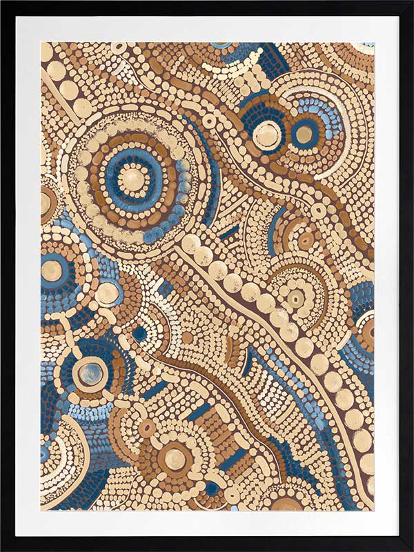 Intricate dot painting with earthy brown, terracotta, and blue tones arranged in swirling lines and circular patterns. From the Maria Watson-Trudgett collection with Urban Road.