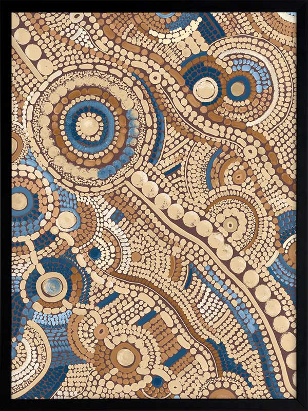 Intricate dot painting with earthy brown, terracotta, and blue tones arranged in swirling lines and circular patterns. From the Maria Watson-Trudgett collection with Urban Road.
