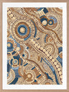 Intricate dot painting with earthy brown, terracotta, and blue tones arranged in swirling lines and circular patterns. From the Maria Watson-Trudgett collection with Urban Road.
