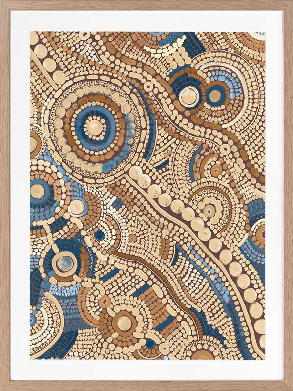 Intricate dot painting with earthy brown, terracotta, and blue tones arranged in swirling lines and circular patterns. From the Maria Watson-Trudgett collection with Urban Road.
