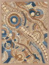 Intricate dot painting with earthy brown, terracotta, and blue tones arranged in swirling lines and circular patterns. From the Maria Watson-Trudgett collection with Urban Road.