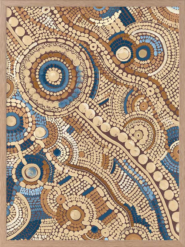 Intricate dot painting with earthy brown, terracotta, and blue tones arranged in swirling lines and circular patterns. From the Maria Watson-Trudgett collection with Urban Road.