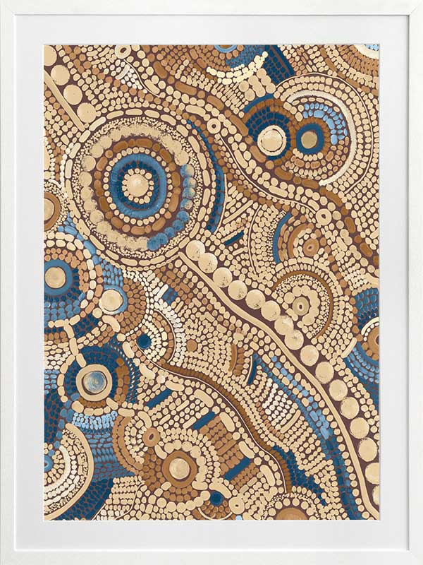 Intricate dot painting with earthy brown, terracotta, and blue tones arranged in swirling lines and circular patterns. From the Maria Watson-Trudgett collection with Urban Road.