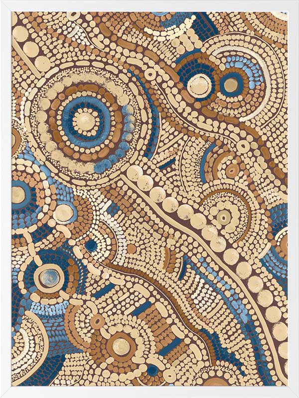 Intricate dot painting with earthy brown, terracotta, and blue tones arranged in swirling lines and circular patterns. From the Maria Watson-Trudgett collection with Urban Road.