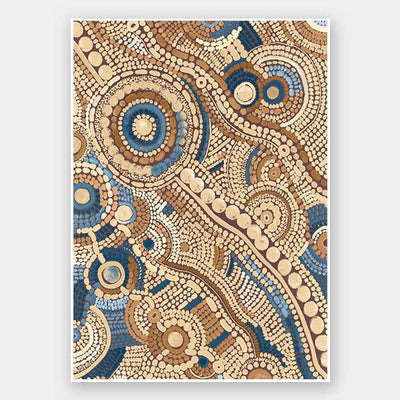 Intricate dot painting with earthy brown, terracotta, and blue tones arranged in swirling lines and circular patterns. From the Maria Watson-Trudgett collection with Urban Road.