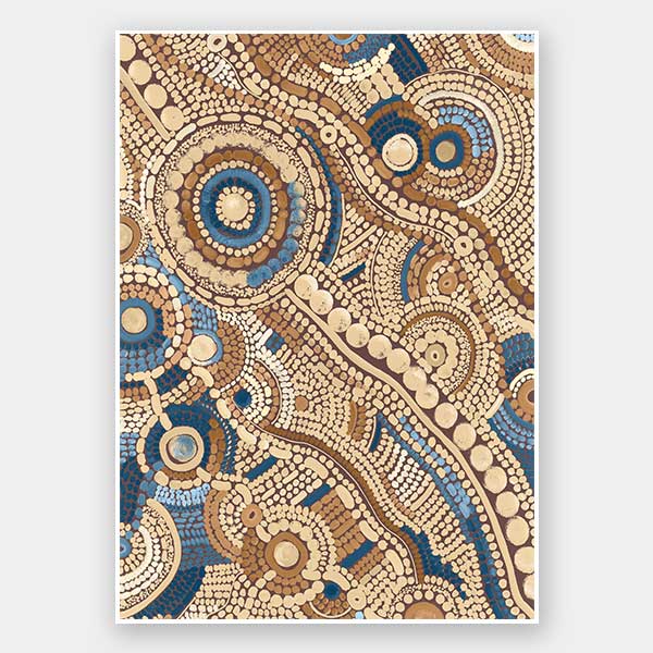 Intricate dot painting with earthy brown, terracotta, and blue tones arranged in swirling lines and circular patterns. From the Maria Watson-Trudgett collection with Urban Road.