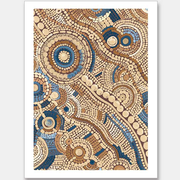 Intricate dot painting with earthy brown, terracotta, and blue tones arranged in swirling lines and circular patterns. From the Maria Watson-Trudgett collection with Urban Road.