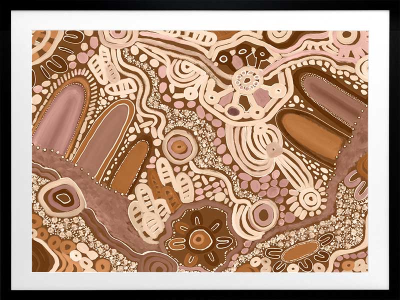 Earth-toned abstract painting with layered shapes, linear elements, and intricate dotwork in terracotta, white, and pink. From the Maria Watson-Trudgett collection with Urban Road.