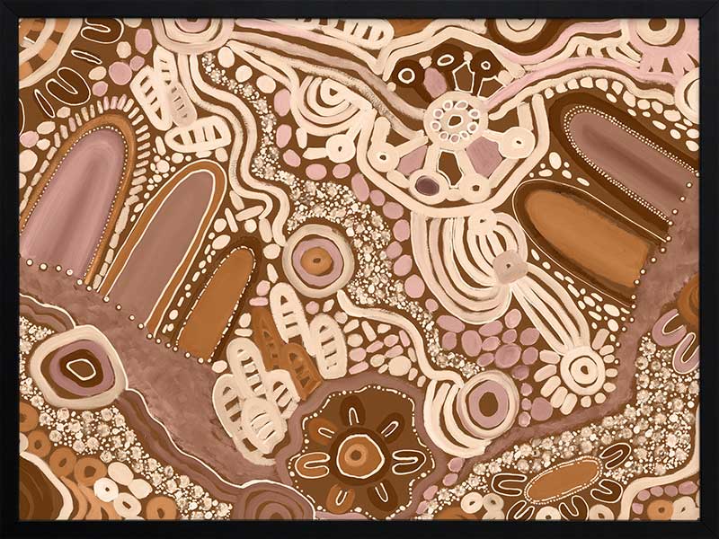 Earth-toned abstract painting with layered shapes, linear elements, and intricate dotwork in terracotta, white, and pink. From the Maria Watson-Trudgett collection with Urban Road.