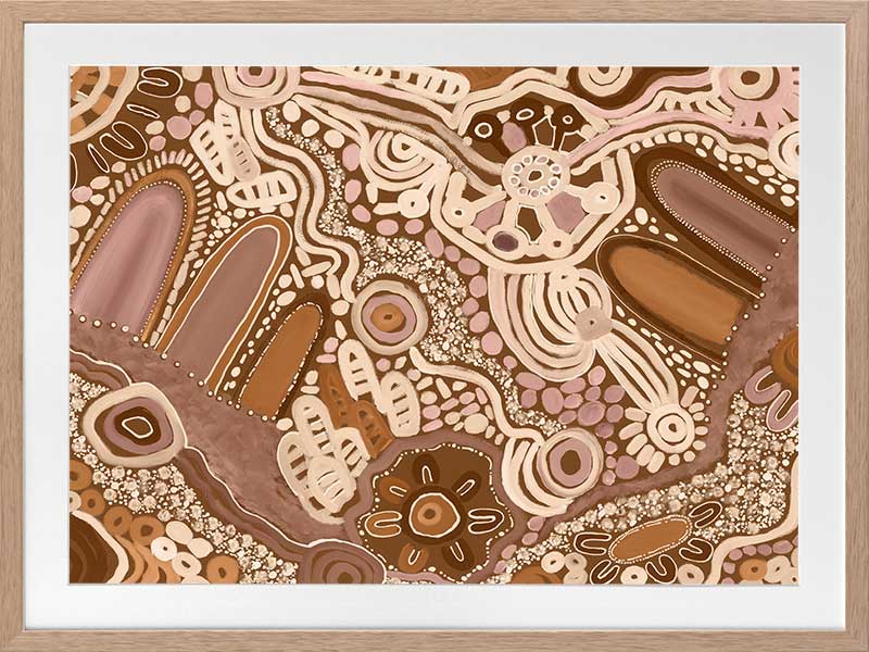 Earth-toned abstract painting with layered shapes, linear elements, and intricate dotwork in terracotta, white, and pink. From the Maria Watson-Trudgett collection with Urban Road.