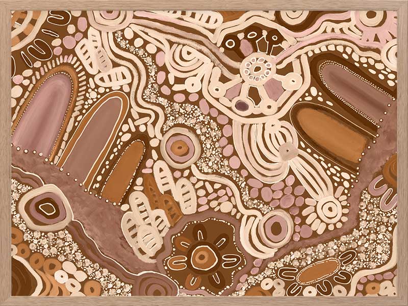 Earth-toned abstract painting with layered shapes, linear elements, and intricate dotwork in terracotta, white, and pink. From the Maria Watson-Trudgett collection with Urban Road.