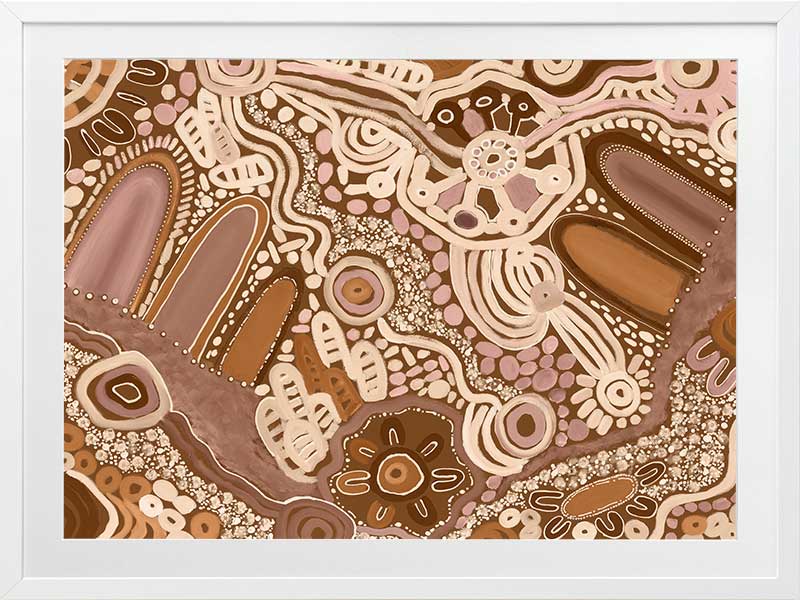Earth-toned abstract painting with layered shapes, linear elements, and intricate dotwork in terracotta, white, and pink. From the Maria Watson-Trudgett collection with Urban Road.