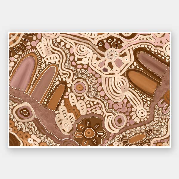 Earth-toned abstract painting with layered shapes, linear elements, and intricate dotwork in terracotta, white, and pink. From the Maria Watson-Trudgett collection with Urban Road.