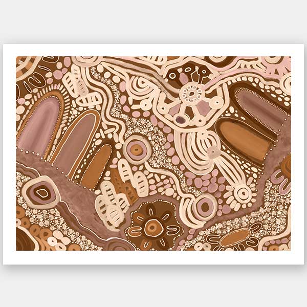 Earth-toned abstract painting with layered shapes, linear elements, and intricate dotwork in terracotta, white, and pink. From the Maria Watson-Trudgett collection with Urban Road.