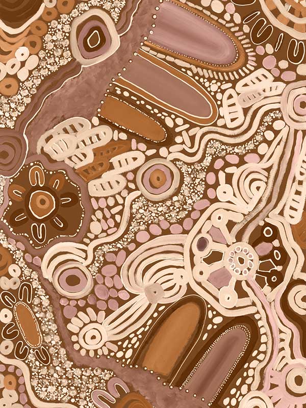 Earth-toned abstract painting with layered shapes, linear elements, and intricate dotwork in terracotta, white, and pink. From the Maria Watson-Trudgett collection with Urban Road.