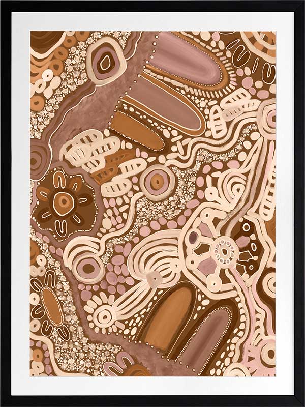Earth-toned abstract painting with layered shapes, linear elements, and intricate dotwork in terracotta, white, and pink. From the Maria Watson-Trudgett collection with Urban Road.