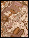 Earth-toned abstract painting with layered shapes, linear elements, and intricate dotwork in terracotta, white, and pink. From the Maria Watson-Trudgett collection with Urban Road.