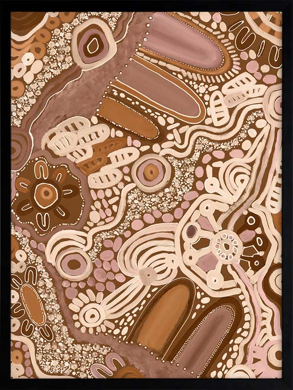 Earth-toned abstract painting with layered shapes, linear elements, and intricate dotwork in terracotta, white, and pink. From the Maria Watson-Trudgett collection with Urban Road.