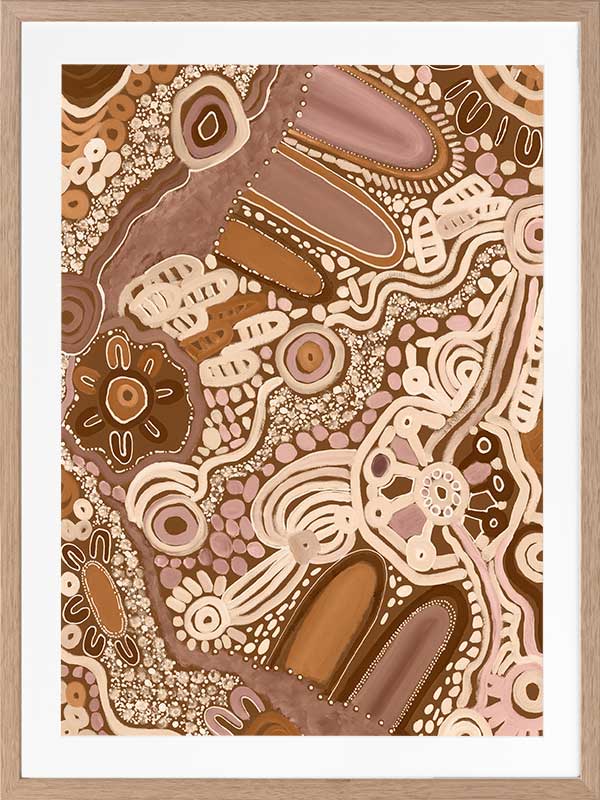 Earth-toned abstract painting with layered shapes, linear elements, and intricate dotwork in terracotta, white, and pink. From the Maria Watson-Trudgett collection with Urban Road.