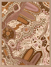 Earth-toned abstract painting with layered shapes, linear elements, and intricate dotwork in terracotta, white, and pink. From the Maria Watson-Trudgett collection with Urban Road.