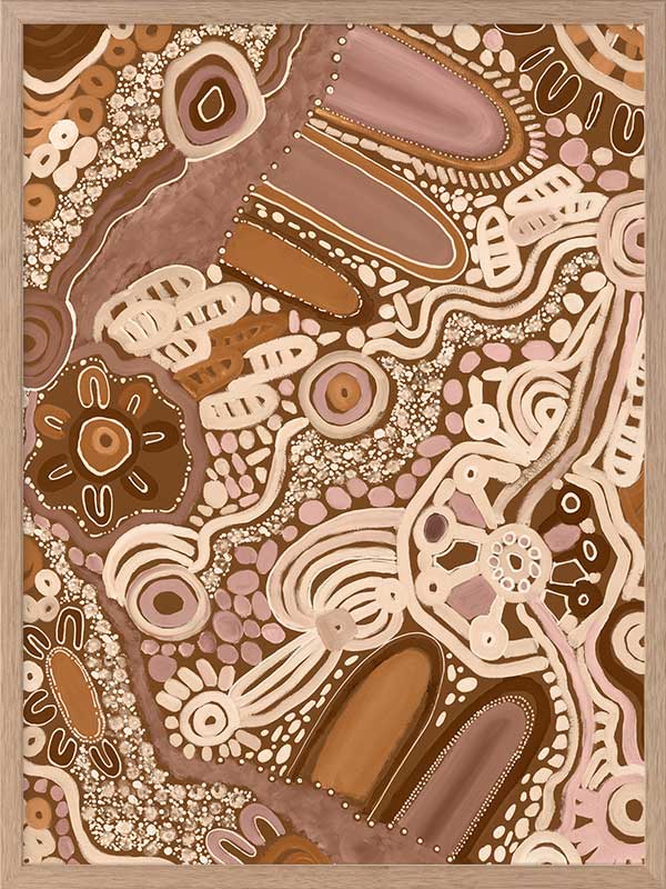 Earth-toned abstract painting with layered shapes, linear elements, and intricate dotwork in terracotta, white, and pink. From the Maria Watson-Trudgett collection with Urban Road.