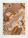 Earth-toned abstract painting with layered shapes, linear elements, and intricate dotwork in terracotta, white, and pink. From the Maria Watson-Trudgett collection with Urban Road.