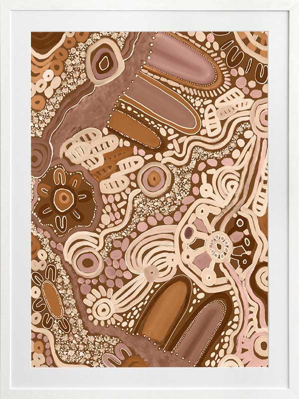 Earth-toned abstract painting with layered shapes, linear elements, and intricate dotwork in terracotta, white, and pink. From the Maria Watson-Trudgett collection with Urban Road.