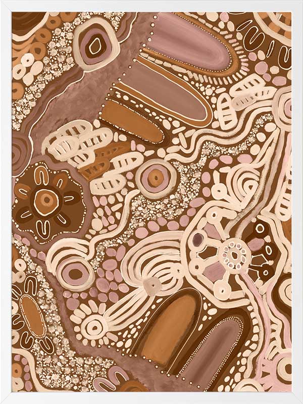 Earth-toned abstract painting with layered shapes, linear elements, and intricate dotwork in terracotta, white, and pink. From the Maria Watson-Trudgett collection with Urban Road.