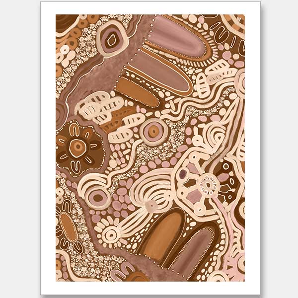 Earth-toned abstract painting with layered shapes, linear elements, and intricate dotwork in terracotta, white, and pink. From the Maria Watson-Trudgett collection with Urban Road.