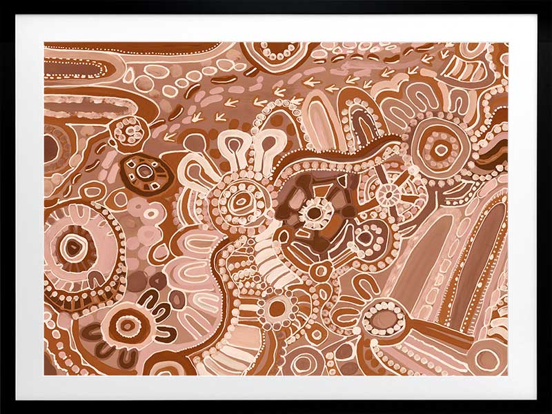 Lively artwork with pink and brown circular motifs, radiating forms, and decorative detailing over a warm clay background. From the Maria Watson-Trudgett collection with Urban Road.