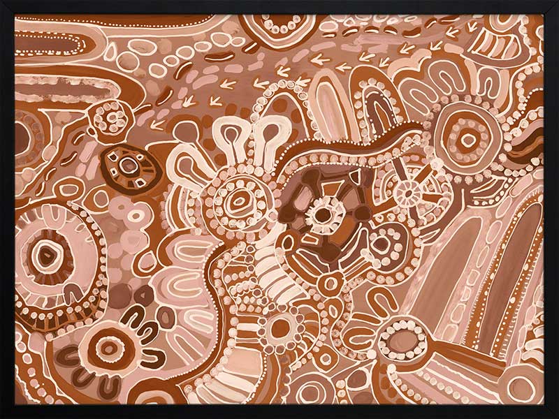 Lively artwork with pink and brown circular motifs, radiating forms, and decorative detailing over a warm clay background. From the Maria Watson-Trudgett collection with Urban Road.