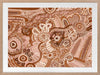 Lively artwork with pink and brown circular motifs, radiating forms, and decorative detailing over a warm clay background. From the Maria Watson-Trudgett collection with Urban Road.
