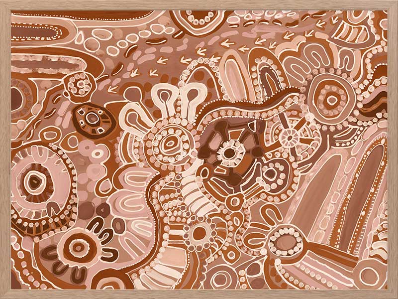 Lively artwork with pink and brown circular motifs, radiating forms, and decorative detailing over a warm clay background. From the Maria Watson-Trudgett collection with Urban Road.